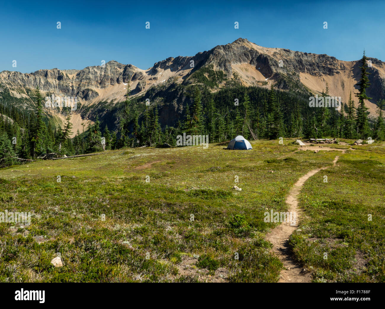 Alone alpine campground campsite footpath rugged scenic tent trail ...