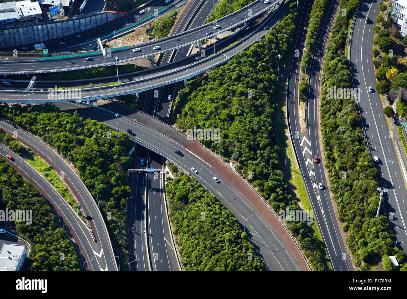 Spaghetti Junction (officially Central Motorway Junction), Newton, Auckland, North Island, New Zealand - aerial Stock Photo