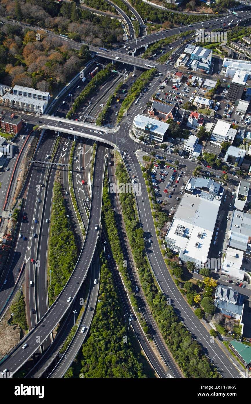 Spaghetti Junction (officially Central Motorway Junction), Newton, Auckland, North Island, New Zealand - aerial Stock Photo