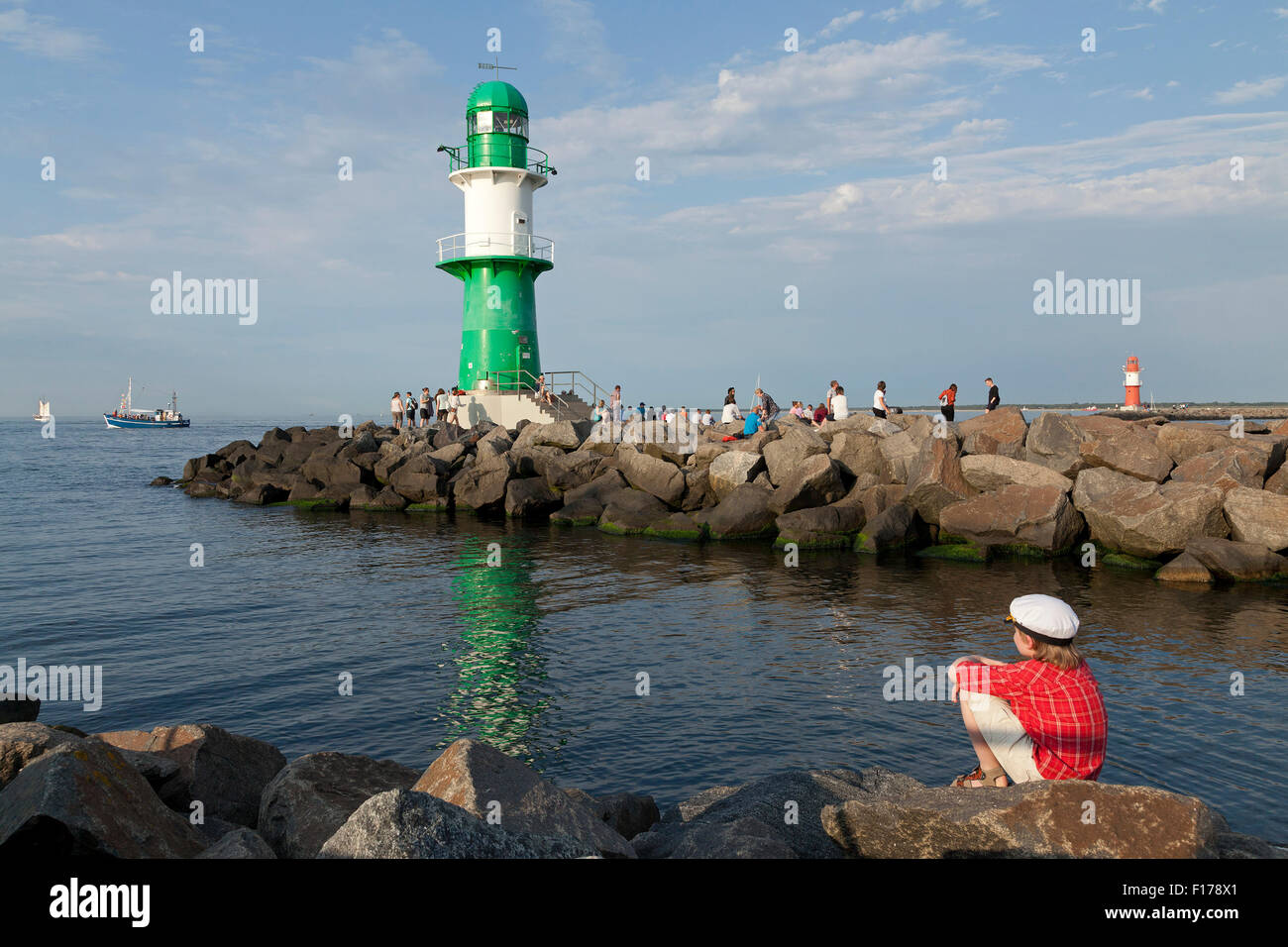 lighthouse at the mouth of River Warnow, Warnemuende, Rostock, Mecklenburg-West Pomerania, Germany Stock Photo