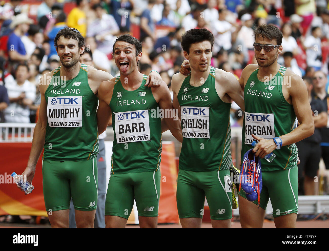 Beijing, China. 29th Aug, 2015. (From L to R) Ireland's Brian Murphy, Thomas Barr, Mark English and Brian Gregan react after the heats of the men's 4x400m relay at the 2015 IAAF World Championships at the 'Bird's Nest' National Stadium in Beijing, capital of China, Aug. 29, 2015. Credit:  Wang Lili/Xinhua/Alamy Live News Stock Photo