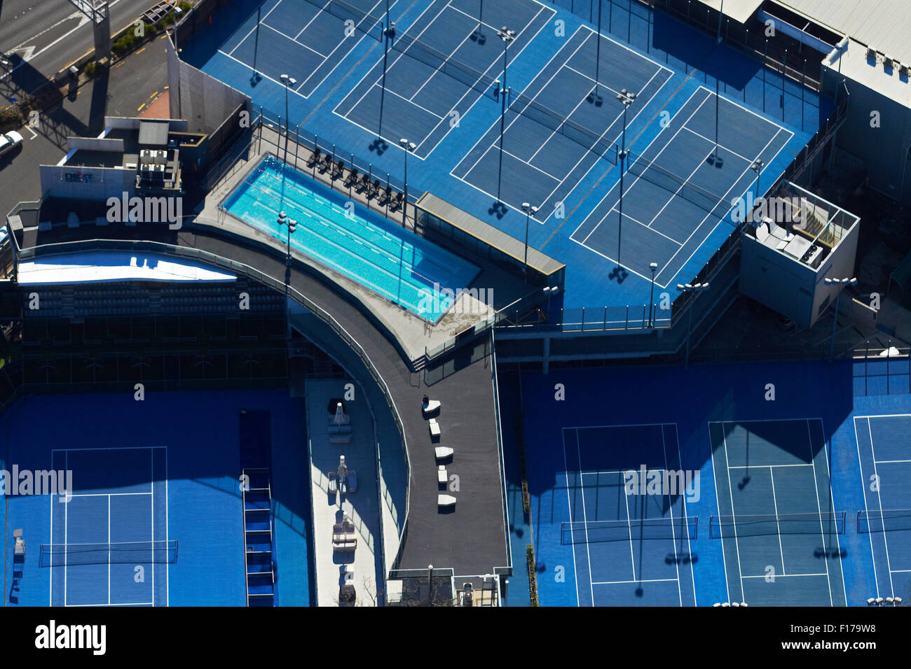 ASB Tennis Centre, Stanley Street, Auckland, North Island, New Zealand - aerial Stock Photo