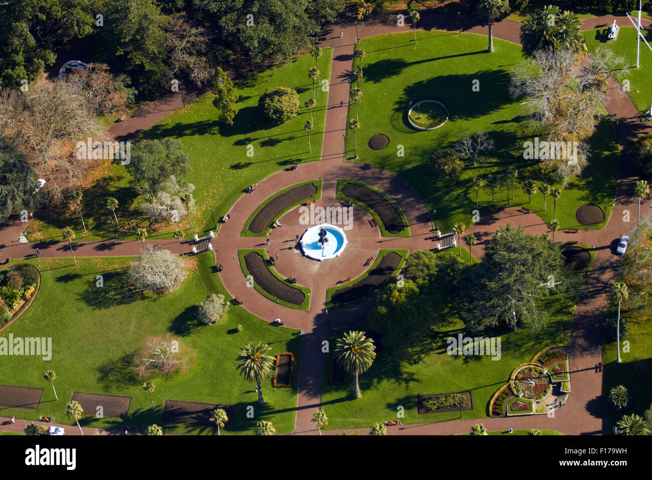 Fountain, Albert Park, Auckland, North Island, New Zealand - aerial Stock Photo