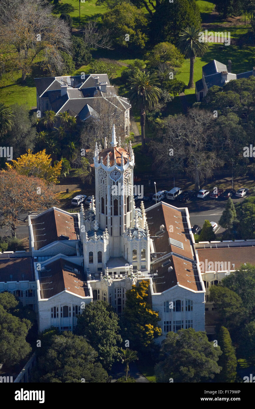 Clock Tower Building, The University of Auckland, Auckland, North Island, New Zealand - aerial Stock Photo
