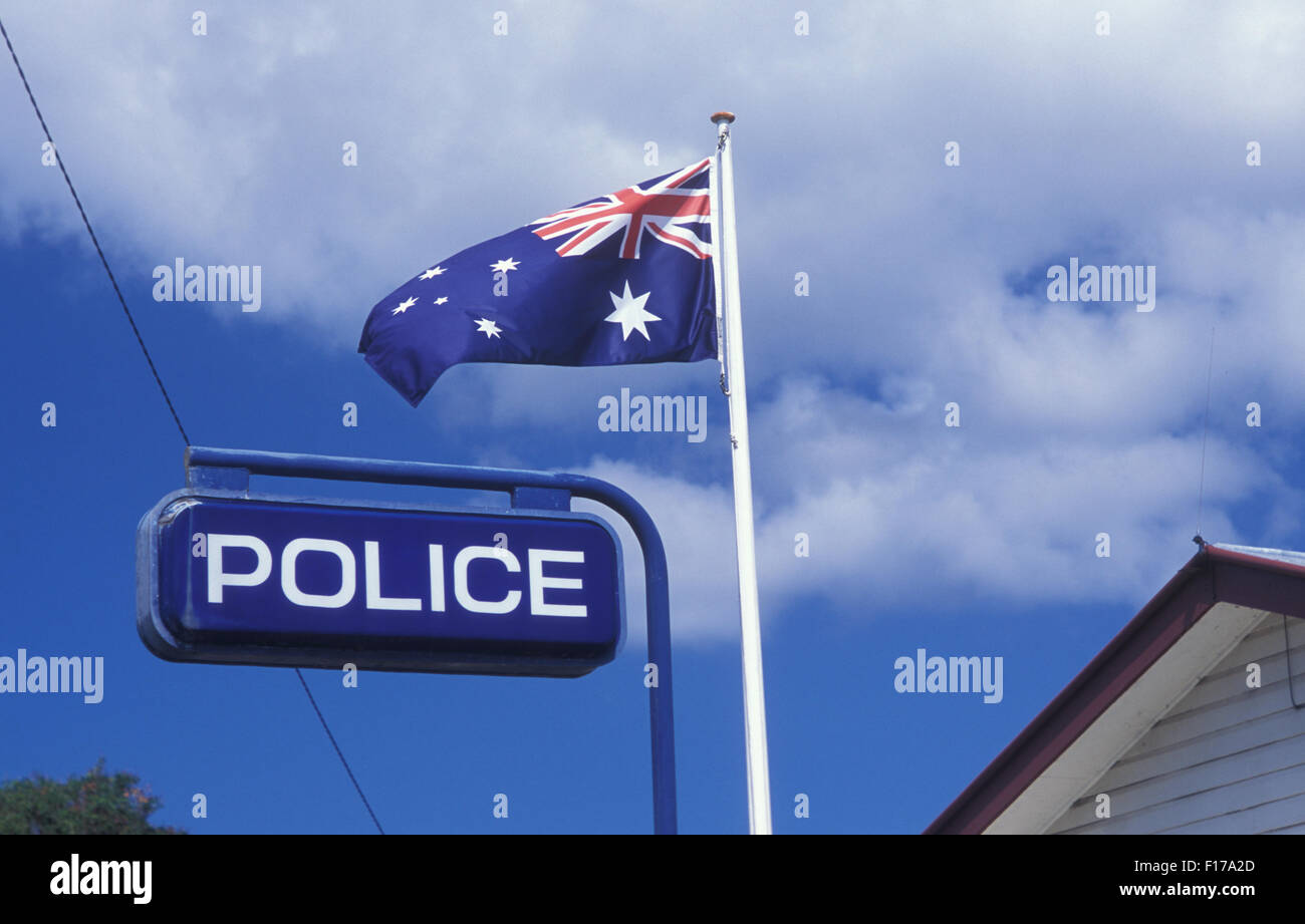 Australian flag flying at a Police Station in rural New South Wales, Australia Stock Photo