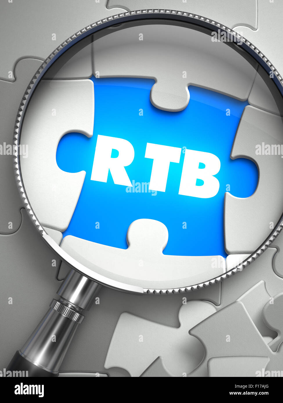 RTB - Real Time Bidding - Word on the Place of Missing Puzzle Piece through Magnifier. Selective Focus. Stock Photo