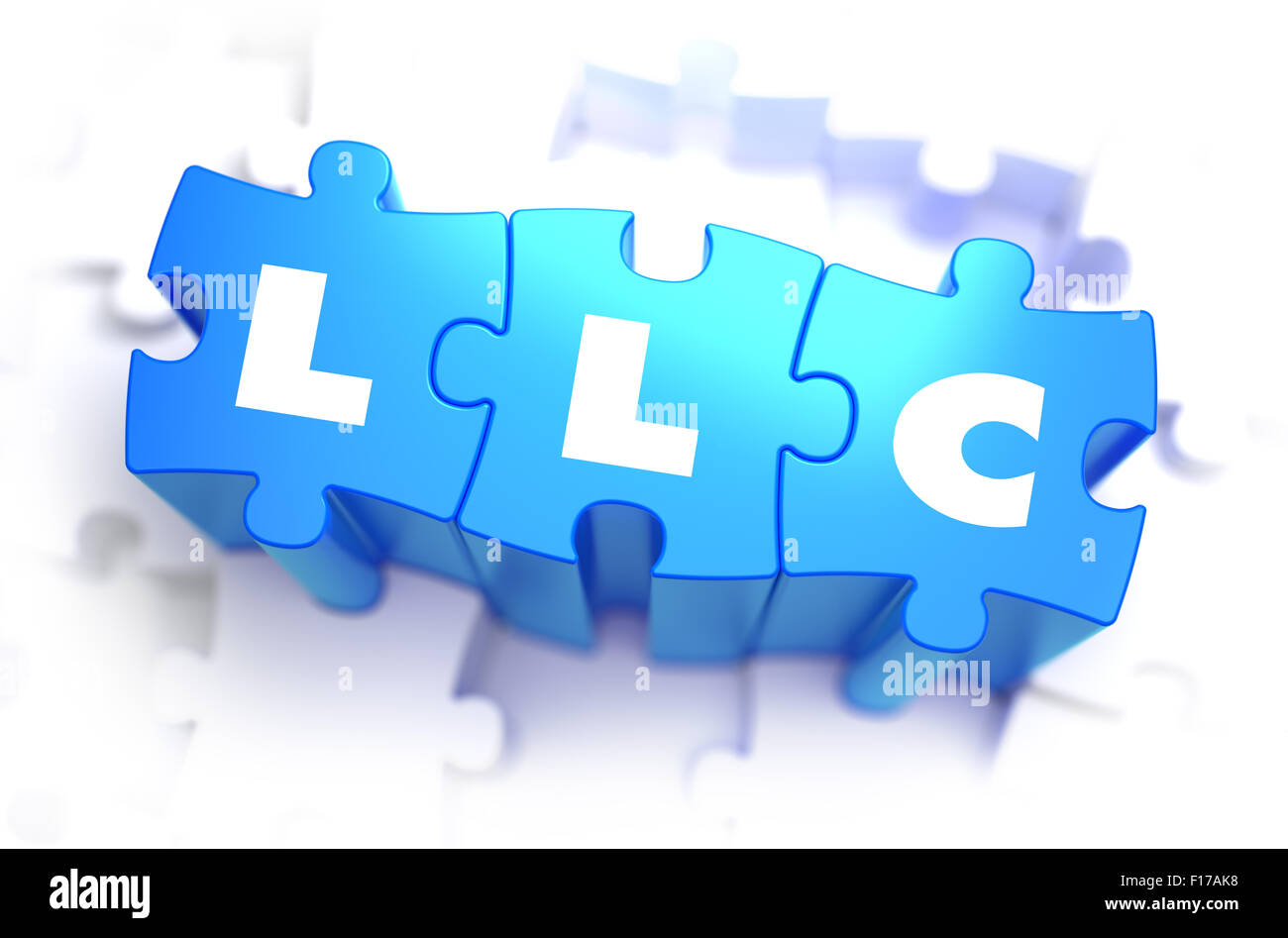 LLC - Limited Legal Liability - White Word on Blue Puzzles on White Background. 3D Render. Stock Photo