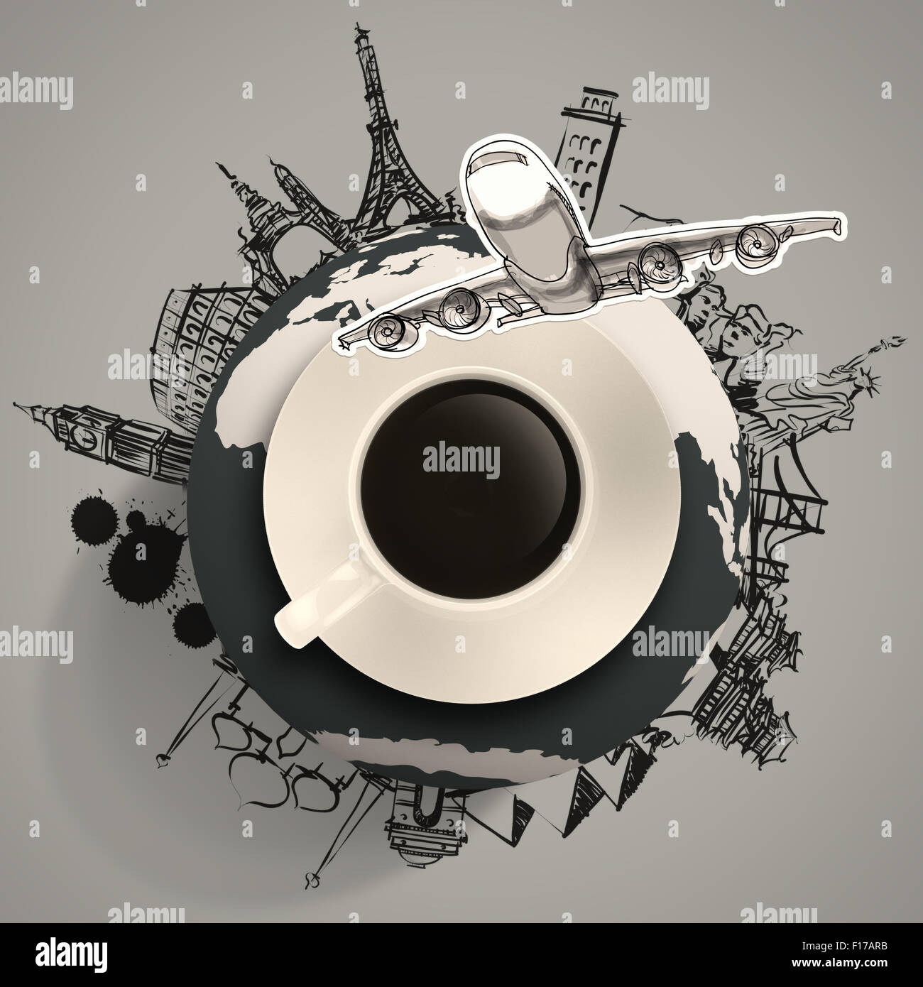 3d cup of coffee traveling around the world as concept Stock Photo