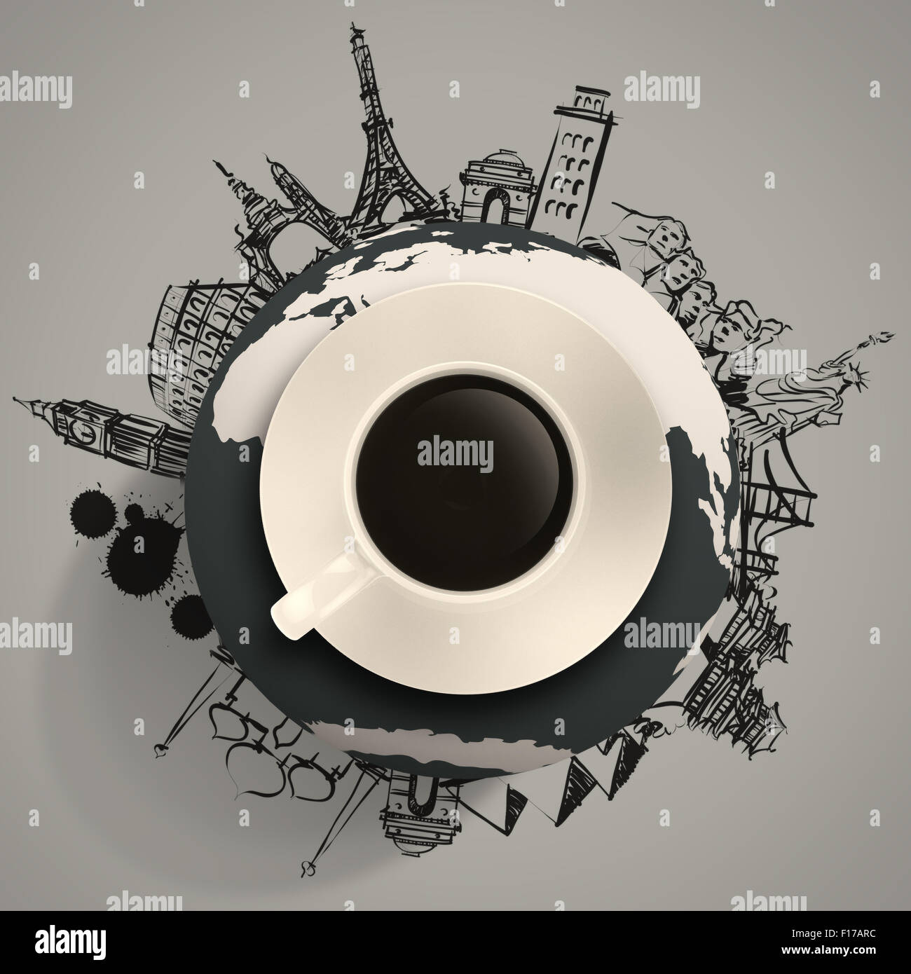 3d cup of coffee traveling around the world as concept Stock Photo