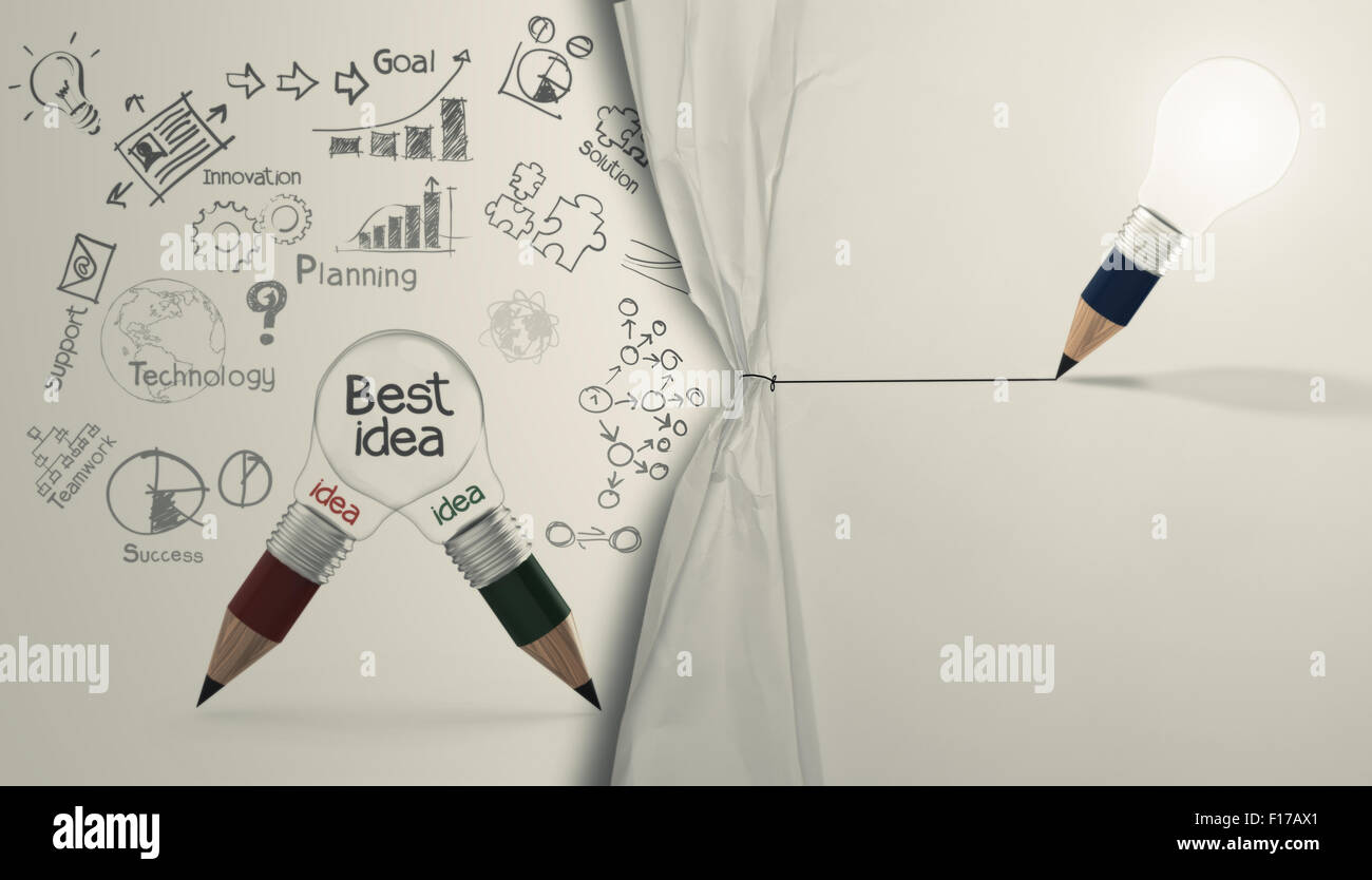 pencil lightbulb draw rope open wrinkled paper show business strategy ...