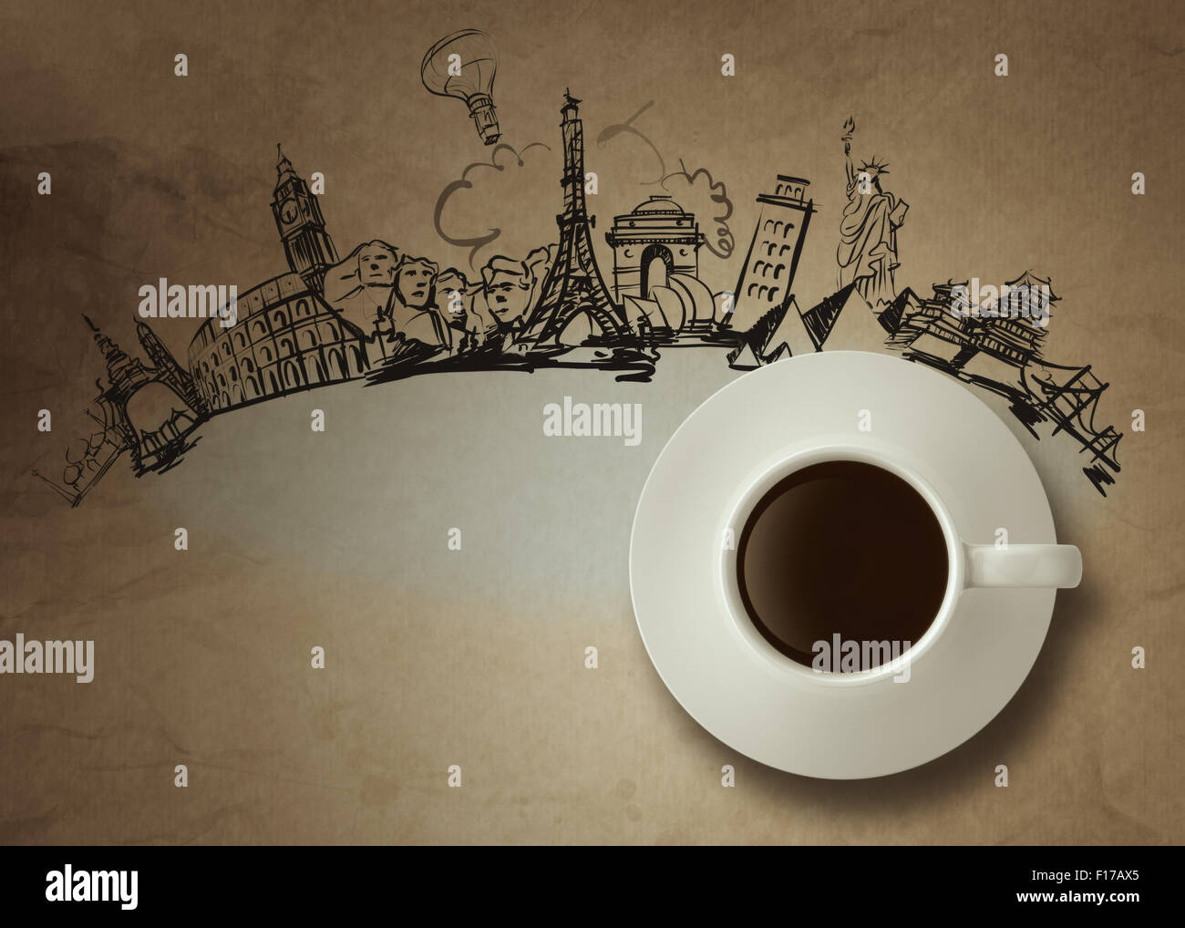 3d cup of coffee traveling around the world as vintage style concept Stock Photo