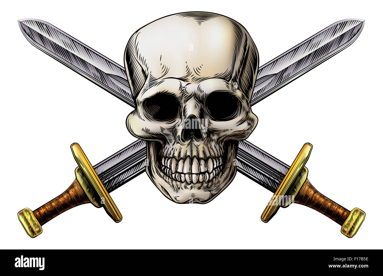 Skull and cross swords pirate symbol in a vintage woodblock style Stock Photo