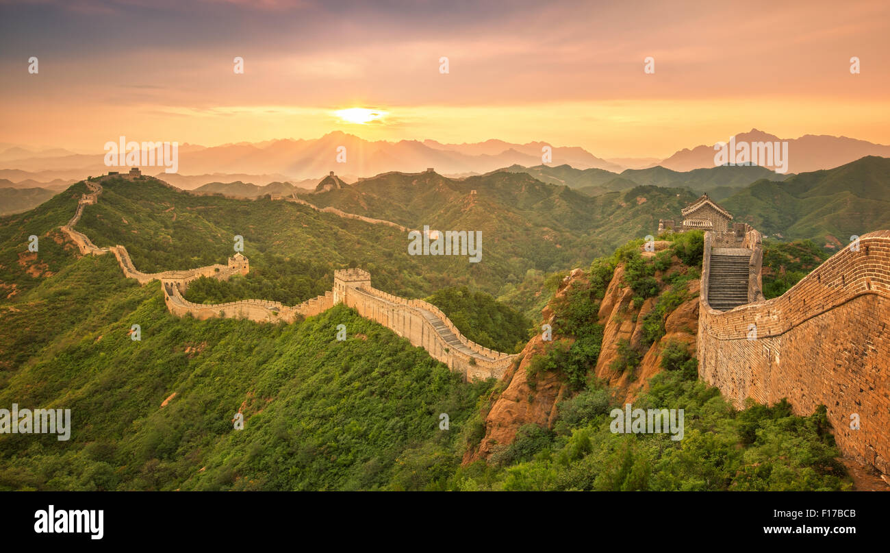 Great Wall of China at Sunrise Stock Photo