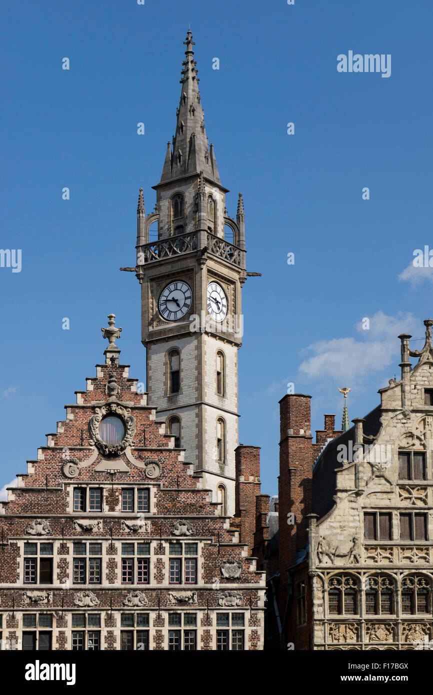 Belfry tower and houses on the Graslei in Ghend, Belgium Stock Photo