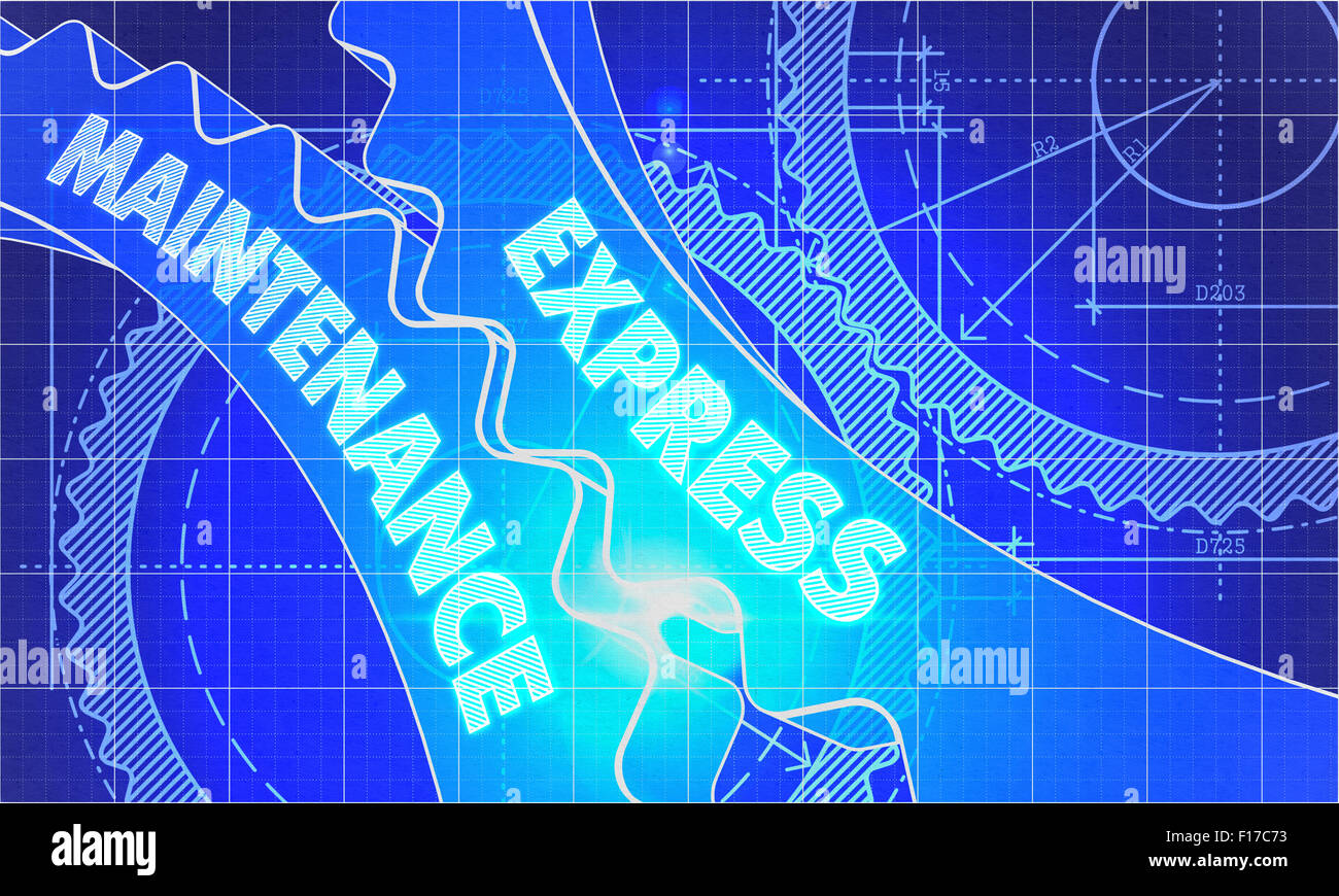 Express Maintenance Concept. Blueprint Background with Gears. Industrial Design. 3d illustration, Lens Flare. Stock Photo