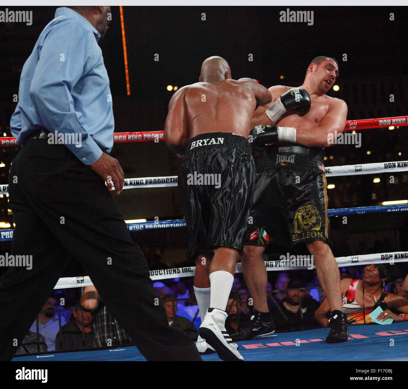 Las Vegas, Nevada, USA. 29th Aug, 2015. Heavyweight boxers Trevor Bryan and Derric Rossy engage each other during their NABF Heavyweight title bout as part of ''Heavyweight Extravaganza'' on August 28, 2015 at the Downtown Las Vegas Events Center in Las Vegas, Nevada Credit:  Marcel Thomas/ZUMA Wire/Alamy Live News Stock Photo