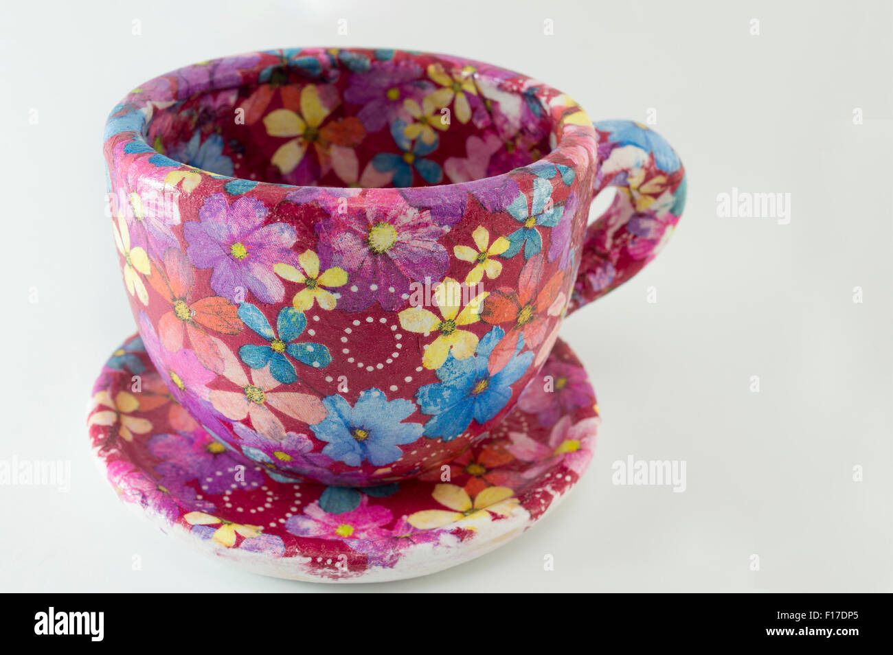 Big coffee mug decoupage decorated. Flower pattern decoupage decoration Stock Photo