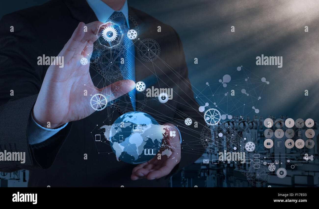 engineer businessman hand works industry diagram on virtual computer as