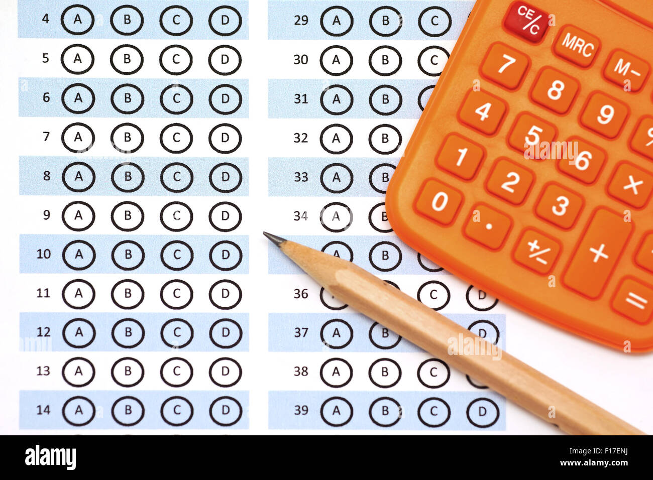 answer sheet test score with pencil and calculator Stock Photo