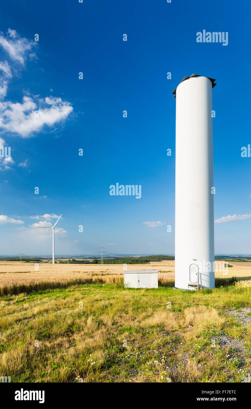A halfway deconstructed wind turbine that collapsed during a storm in the Eifel, Germany. Stock Photo