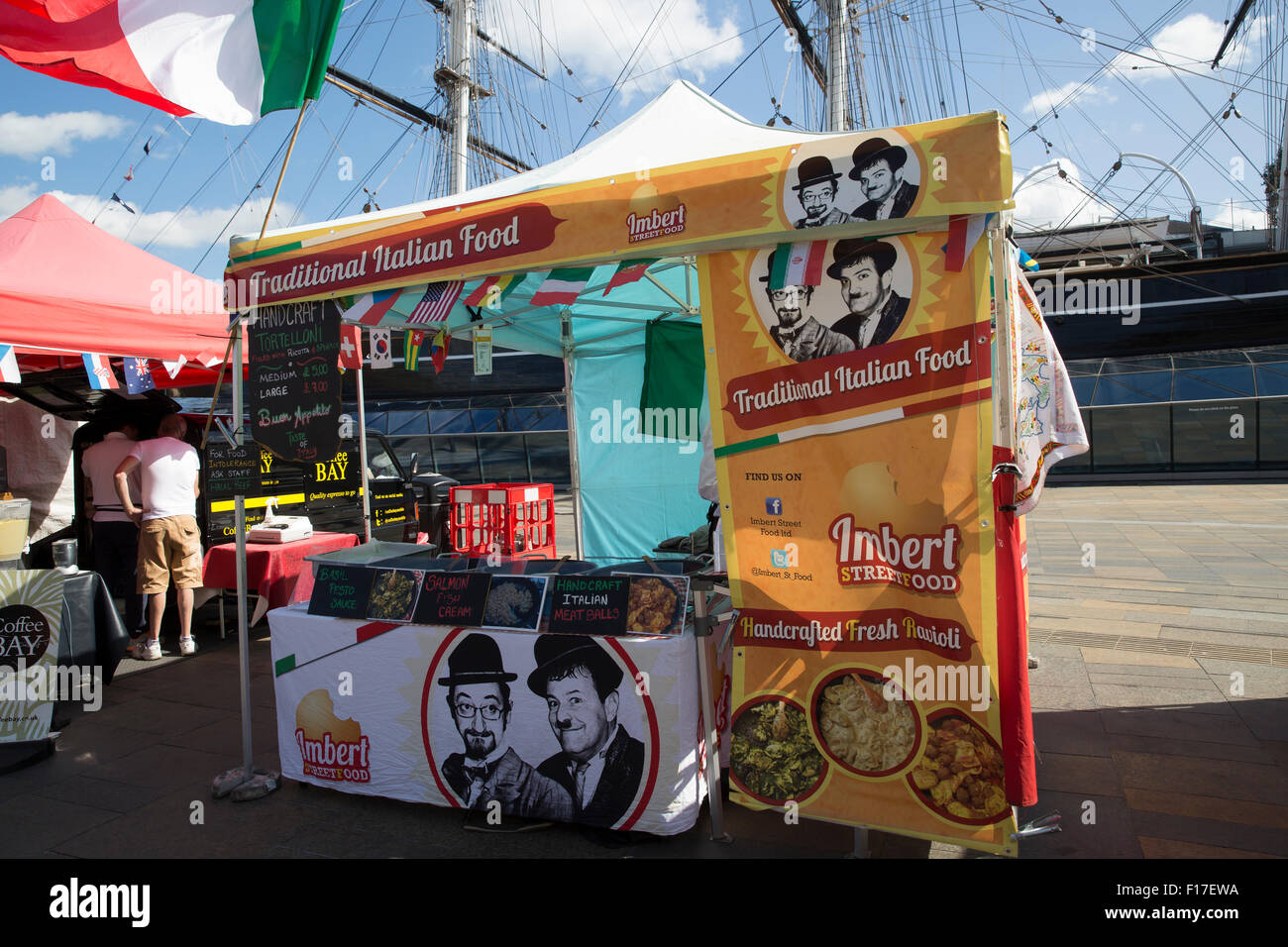 International food stalls by the Cutty Sark in London on a summers day ...