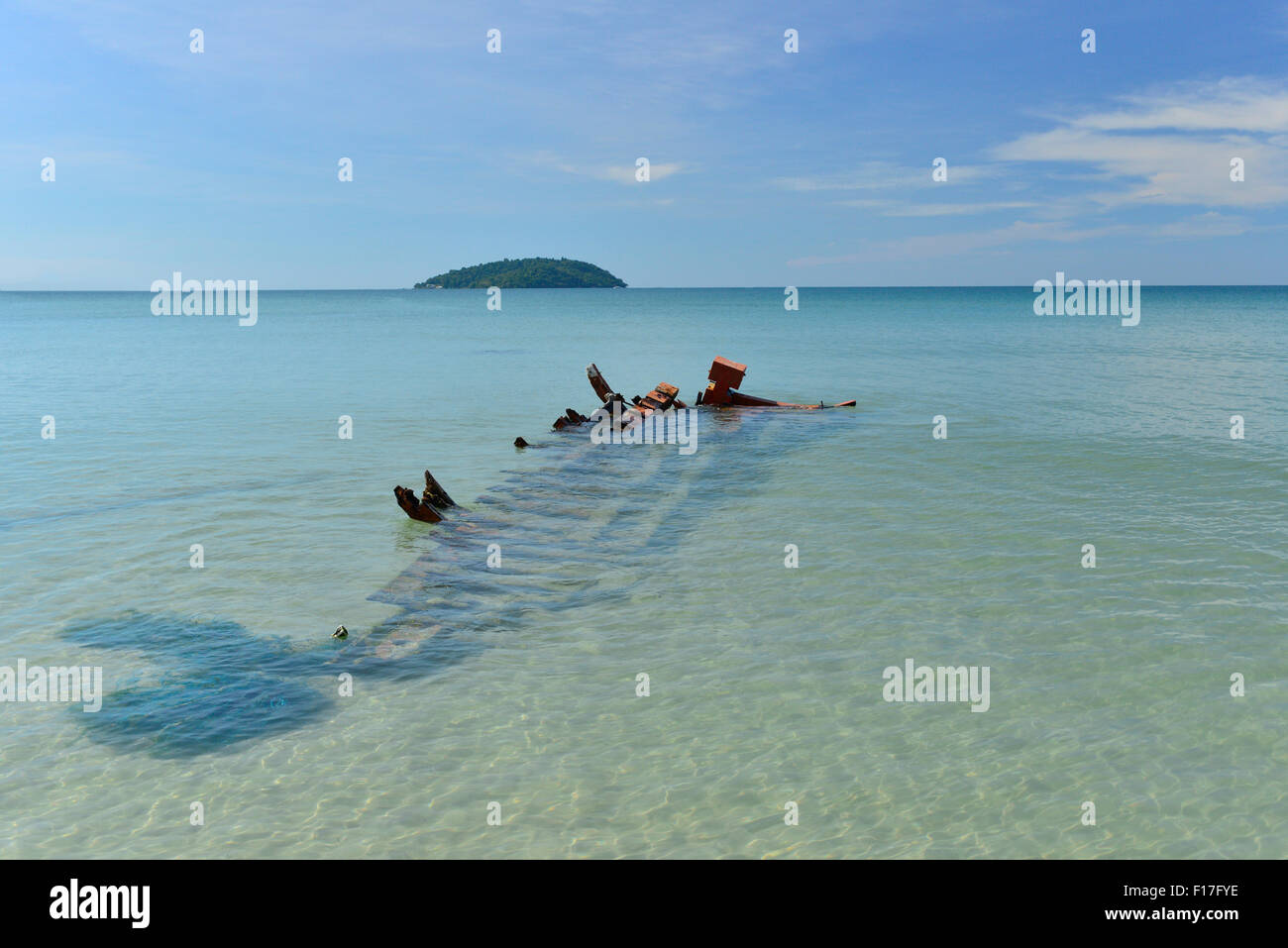 Fish shaped boat skeleton on the beach Stock Photo