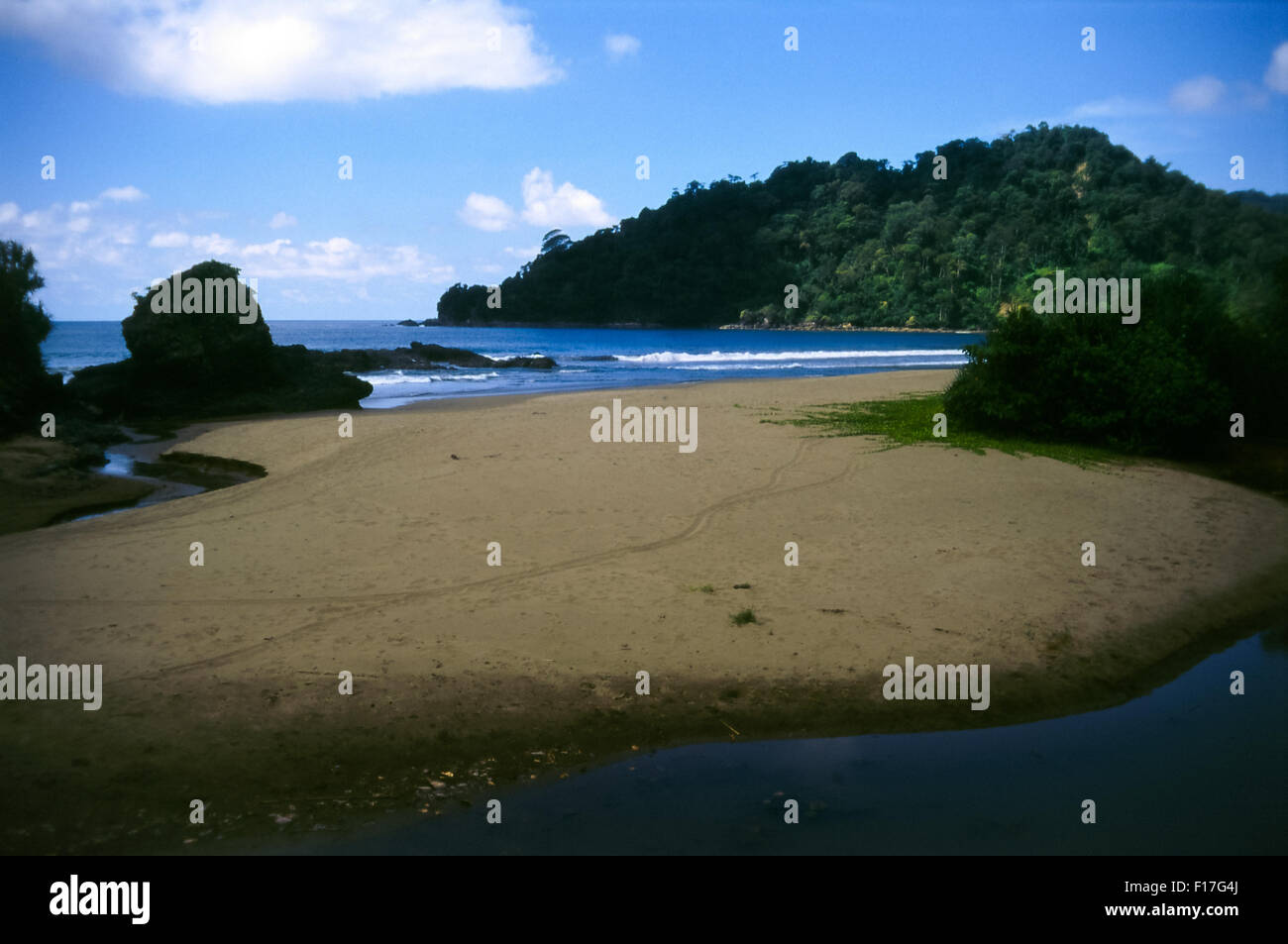 Tropical sandy beach and lagoon close to Meru Betiri National Park, East Java, Indonesia Stock Photo