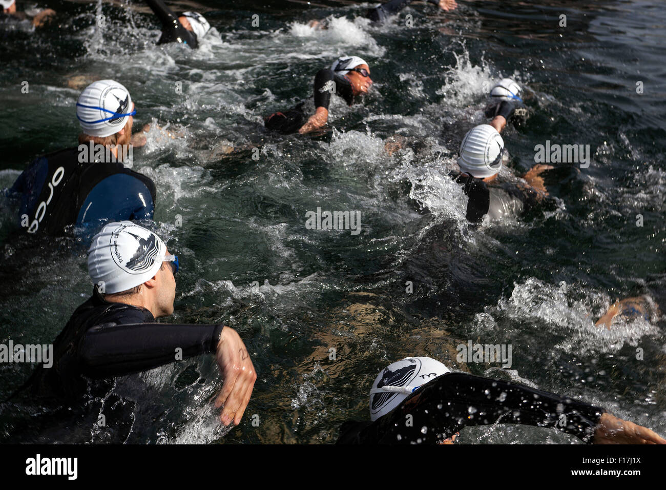 Copenhagen, Denmark, August 29th, 2015. Swimmers on their way in the channels encircling the Danish parliament, Christiansborg. Some 3.300 swimmers takes the 2 km tour round Christiansborg in this yearly recurrent fun race organized by the Danish Swimming Federation. Credit:  OJPHOTOS/Alamy Live News Stock Photo