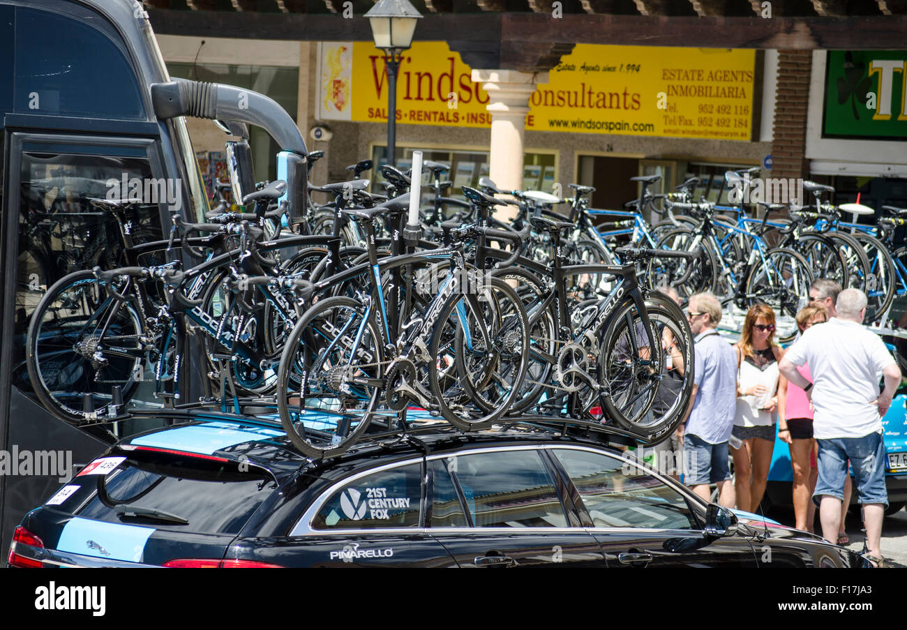 Bicycles on Broom wagons of Team sky, At La cala de Mijas, Stage 3 Vuelta a españa 158 km. Spain. Stock Photo