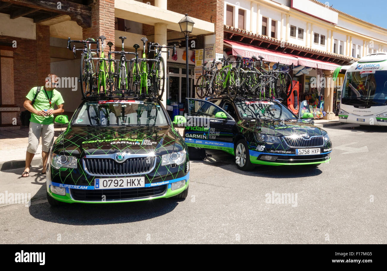 Broom wagons of Cannondale-Garmin Pro Cycling Team. At La cala de Mijas, Stage 3 Vuelta a españa 158 km. Spain. Stock Photo