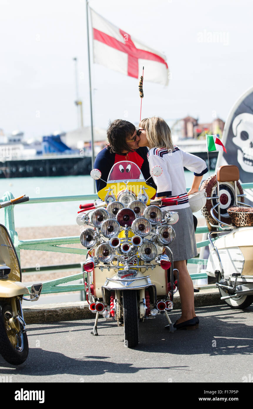 Brighton, England, UK. 29th August 2015. Day 2 of the Brighton Modernist and 60s Weekender. Hoards of riders have arrived on Brighton seafront to show off their customised scooters during the Bank Holiday weekend. The event runs from 28 – 30 August 2015. © Francesca Moore/Alamy Live News Credit:  Francesca Moore/Alamy Live News Stock Photo