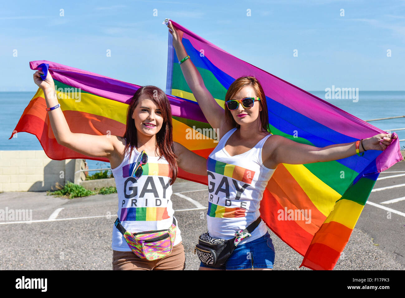 Margate, Kent, UK. 29th August, 2015. Two local Kent girls look forward to participating in the Kent Pride celebrations in the seaside town of Margate. Alamy Live News/Photographer: Credit:  Gordon Scammell Stock Photo