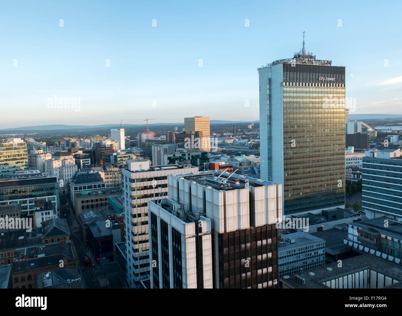 High viewpoint view over Manchester City Centre towards City Tower Stock Photo