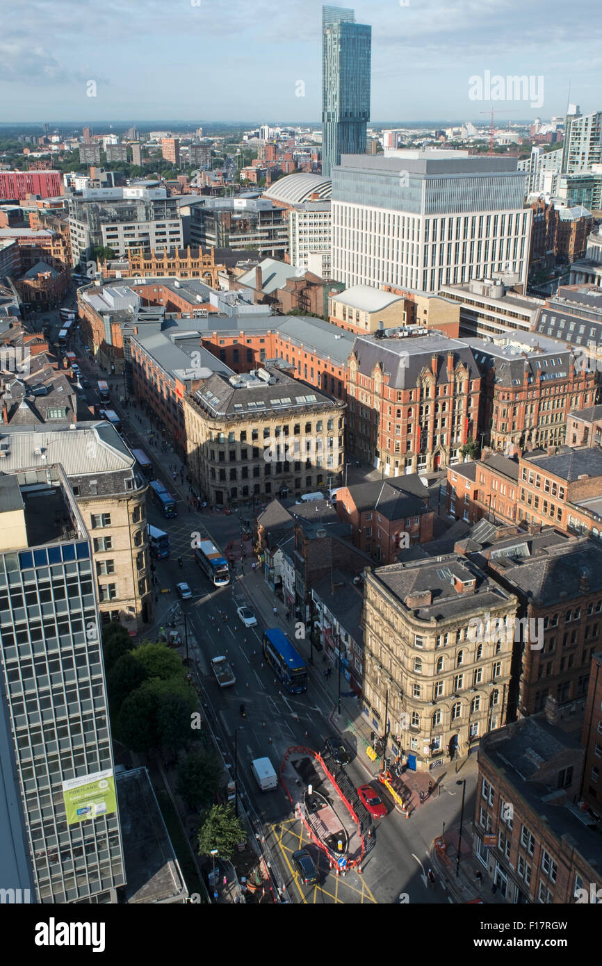 High viewpoint above Portland Street Manchester City Centre and the Hilton Hotel Beetham Tower Stock Photo