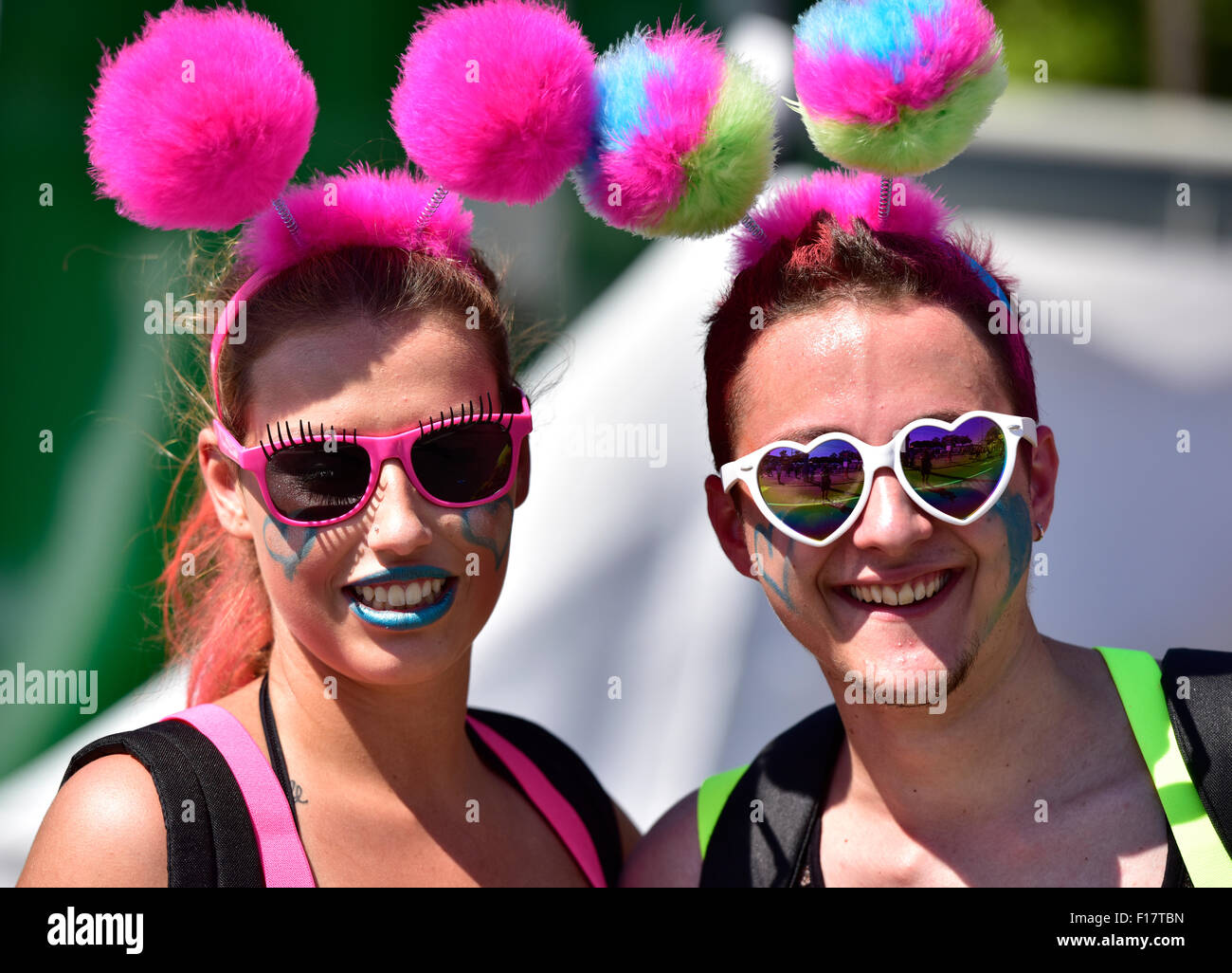Zurich, Switzerland. 29th Aug, 2015. Partygoers in fancy outfits at Zurich Streetparade, one of the world's largest techno music event. Credit:  Erik Tham/Alamy Live News Stock Photo