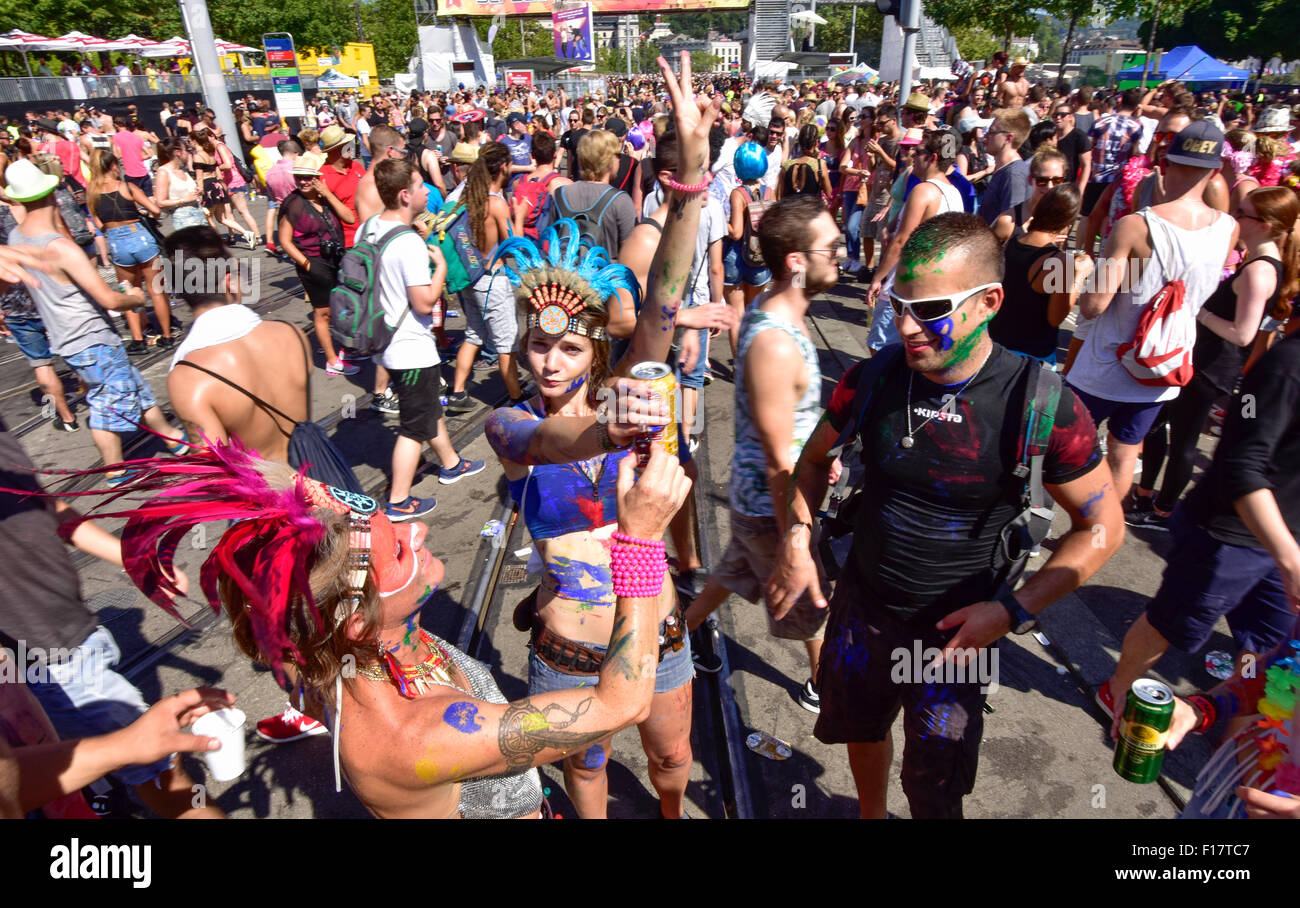 Zurich, Switzerland. 29th Aug, 2015. People dance boisterously  in the streets at Zurich Streetparade, one of the world's largest techno music event. Credit:  Erik Tham/Alamy Live News Stock Photo