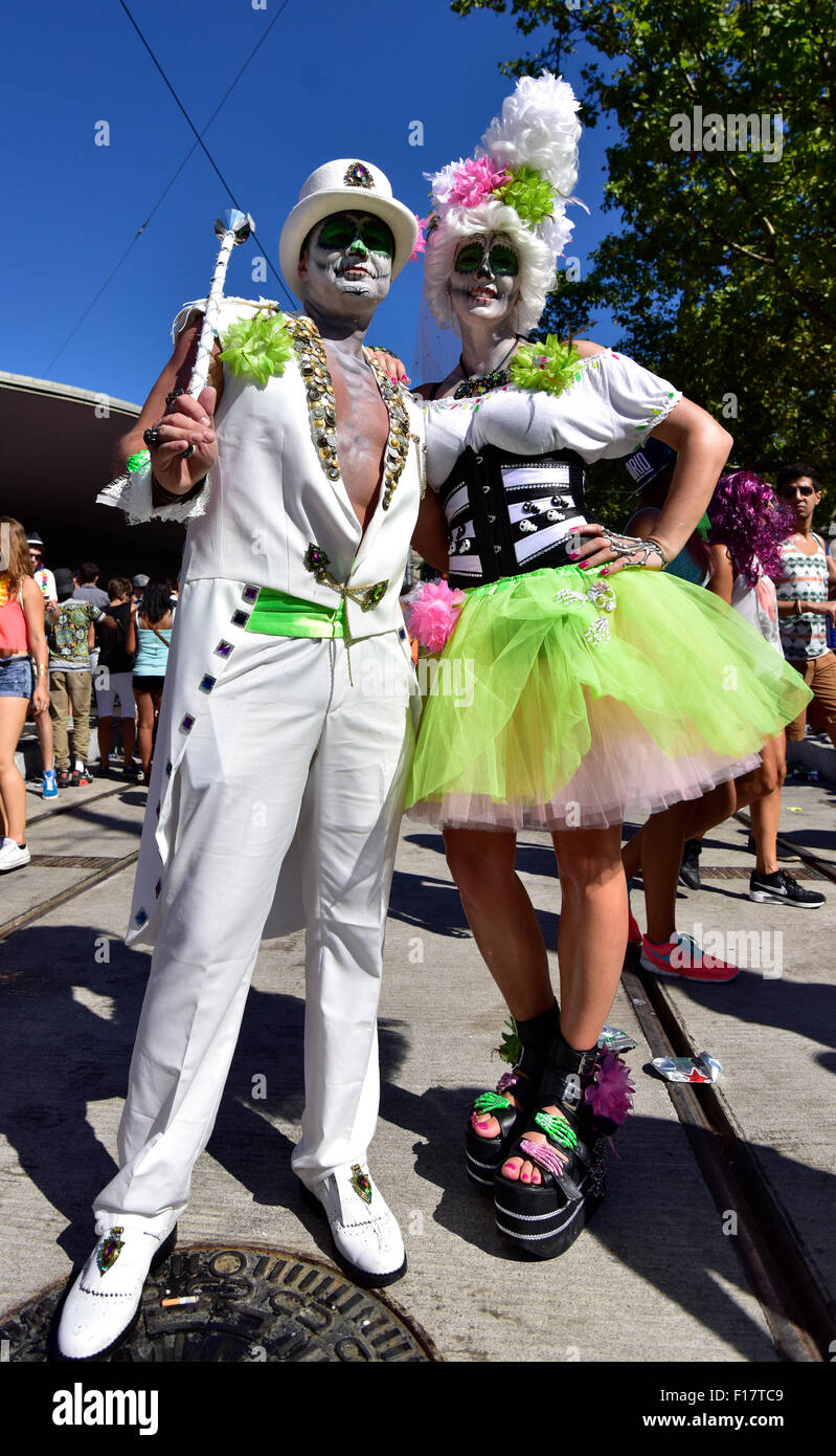 Zurich, Switzerland. 29th Aug, 2015. Partygoers in exotic outfits at Zurich Streetparade, one of the world's largest techno music event. Credit:  Erik Tham/Alamy Live News Stock Photo