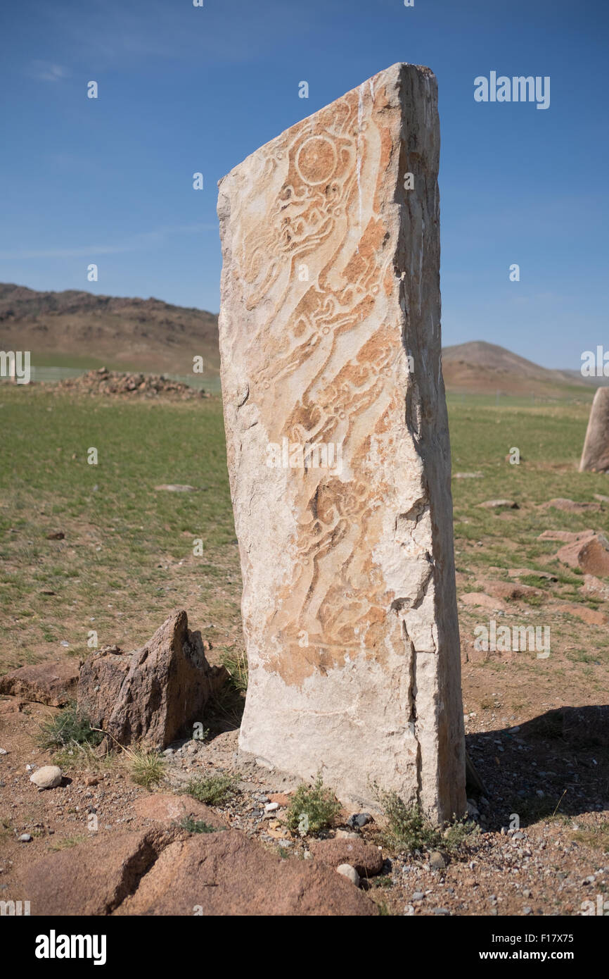 Deer Stones (Reindeer Stones) near the provincial capital city of Murun (Mörön) in Mongolia. Stock Photo