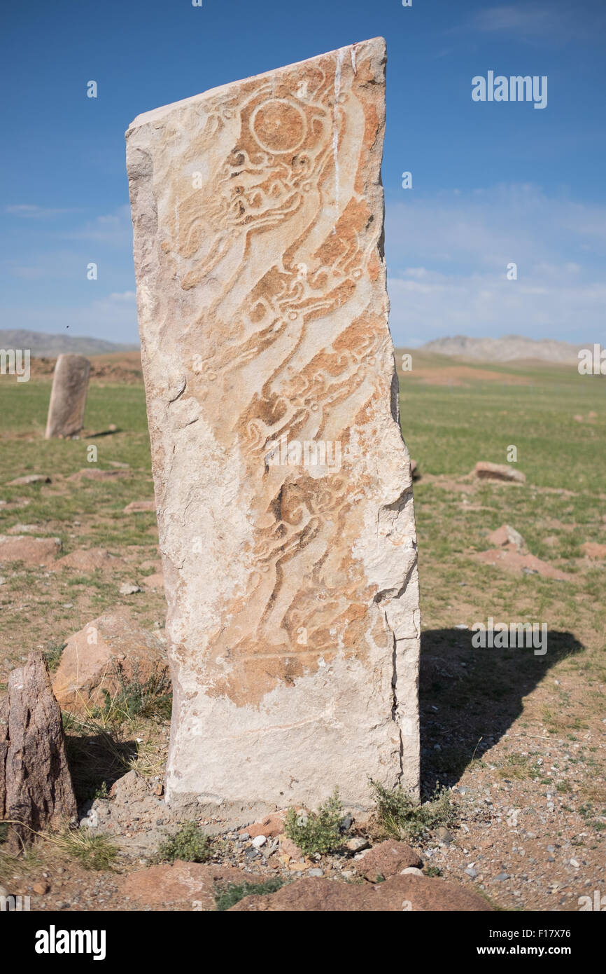 Deer Stones (Reindeer Stones) near the provincial capital city of Murun (Mörön) in Mongolia. Stock Photo