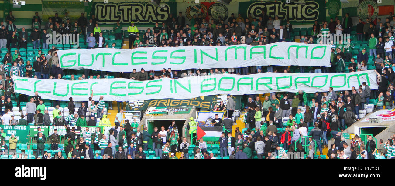Glasgow, Scotland. 29th Aug, 2015. Scottish Premier League. Celtic versus St Johnstone. Celtic fans unveiled a banner before the match after the midweek Champions League defeat to Malmo Credit:  Action Plus Sports/Alamy Live News Stock Photo