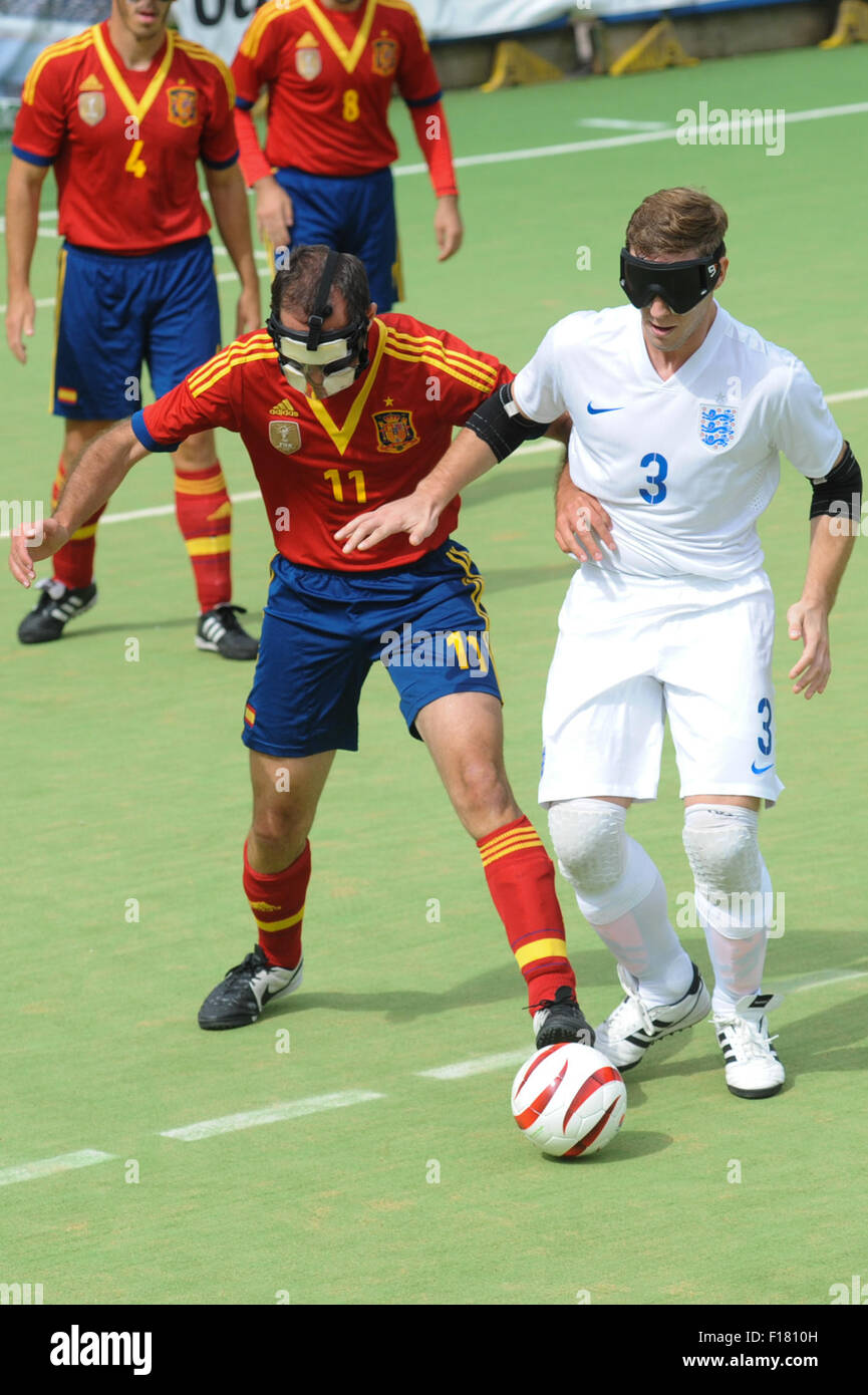 Hereford, UK. 29th Aug, 2015. IBSA Blind Football European Championships 2015 - 3rd/4th place play-off - England v Spain. Point 4, Royal National College for the Blind, Hereford. Spain's Marcelo Rosado & England's Owen Bainbridge. Credit:  James Maggs/Alamy Live News Stock Photo
