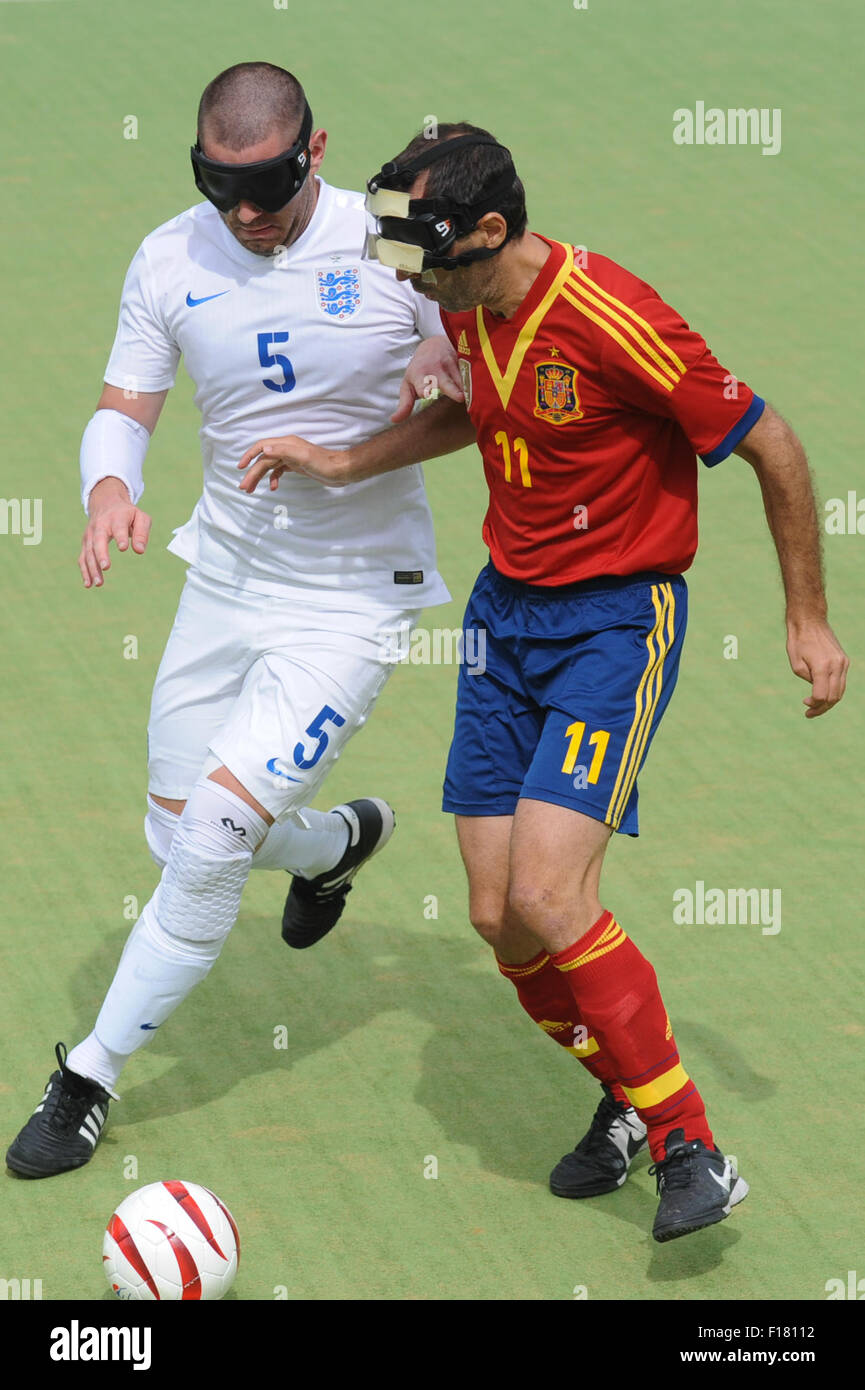 Hereford, UK. 29th Aug, 2015. IBSA Blind Football European Championships 2015 - 3rd/4th place play-off - England v Spain. Point 4, Royal National College for the Blind, Hereford. England's Dan English competing against Spain's Marcelo Rosado. Credit:  James Maggs/Alamy Live News Stock Photo