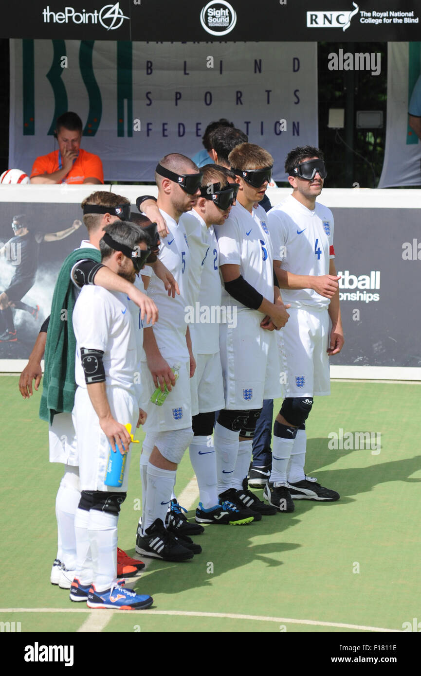 Hereford, UK. 29th Aug, 2015. IBSA Blind Football European Championships 2015 - 3rd/4th place play-off - England v Spain. Point 4, Royal National College for the Blind, Hereford. England players line-up at the start of the penalty shoot-out. Credit:  James Maggs/Alamy Live News Stock Photo