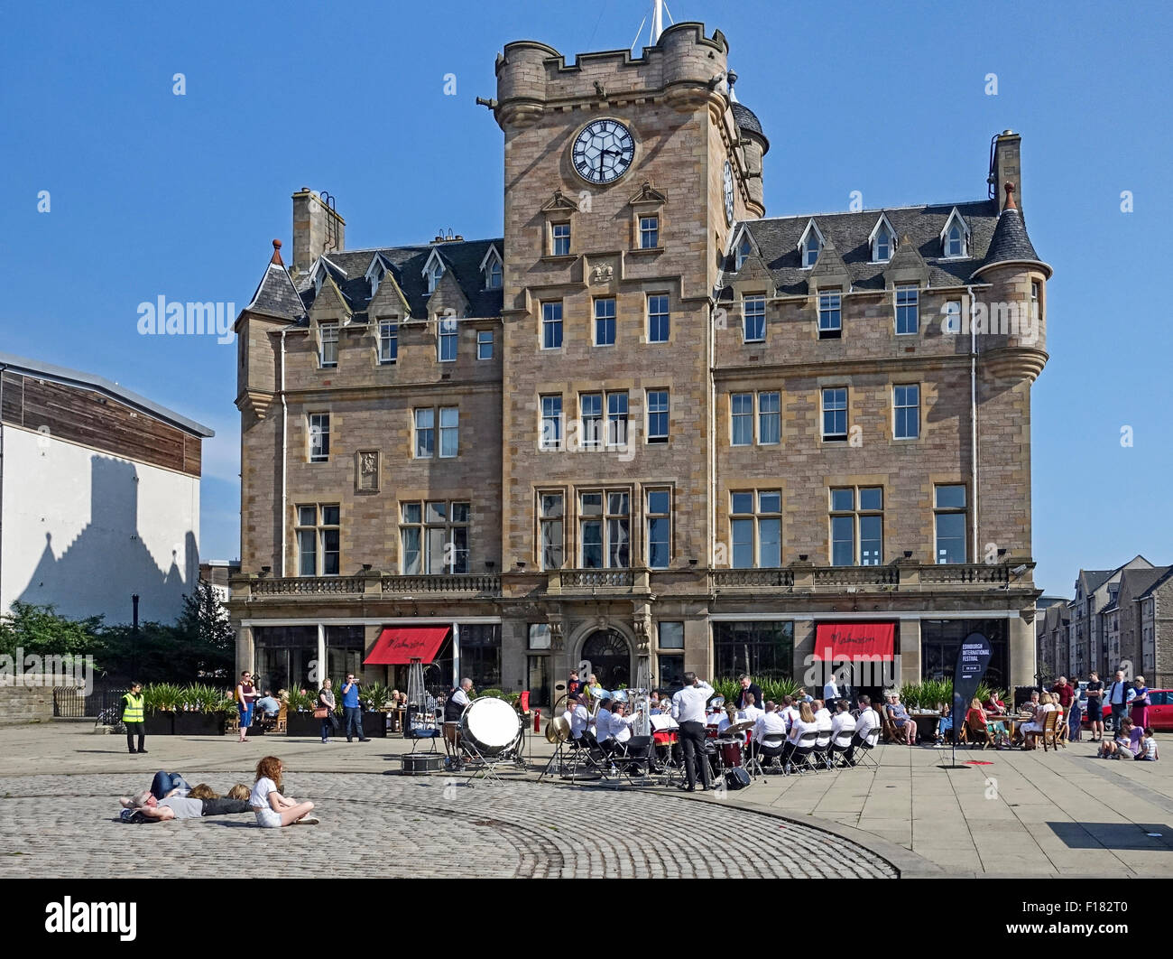 Newtongrange Silver Band playing on Tower Place The Shore in Leith Edinburgh Scotland during the International Festival Stock Photo