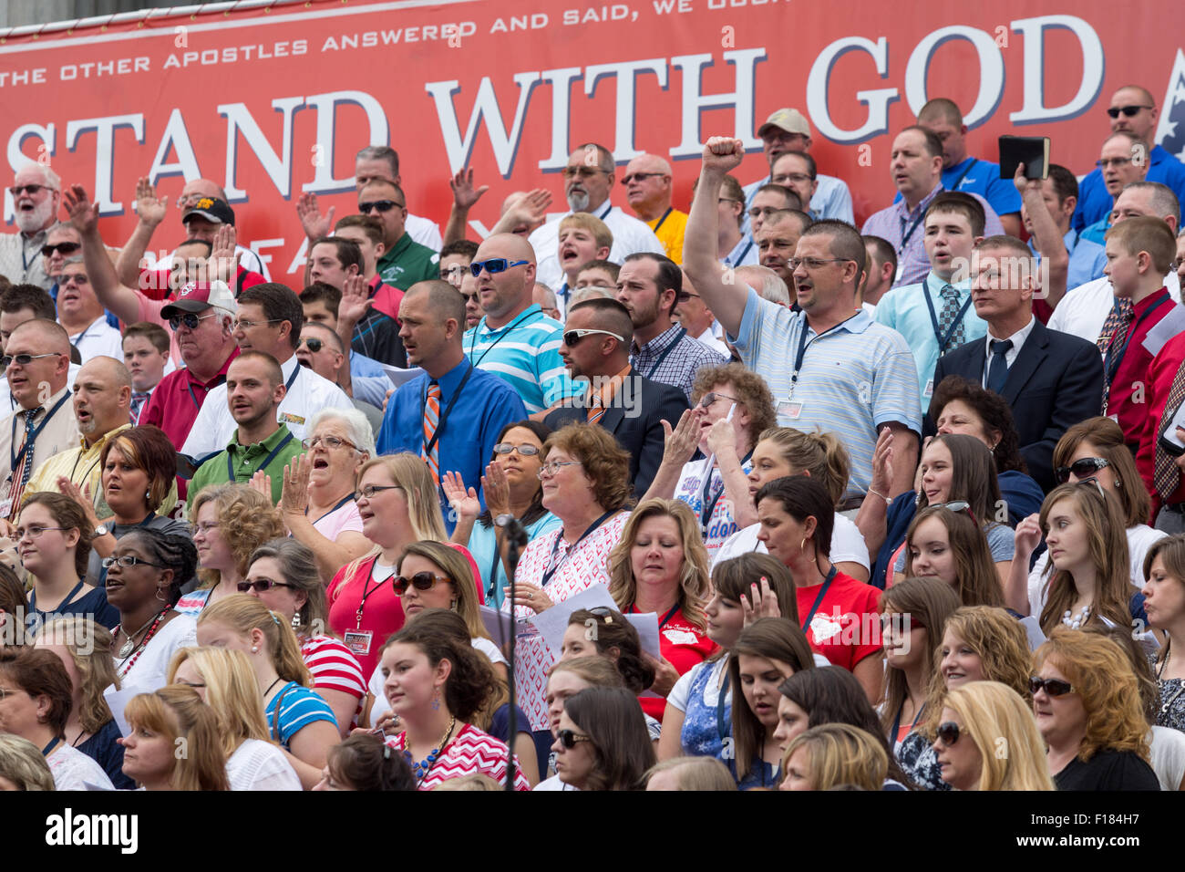 Evangelical Christians gather for the 'Stand With God' rally August 29, 2015 in Columbia, SC. Thousands of conservative christians gathered at the State House to rally against gay marriage and listen to GOP presidential candidates Gov. Rick Perry and Sen. Ted Cruz speak. Stock Photo