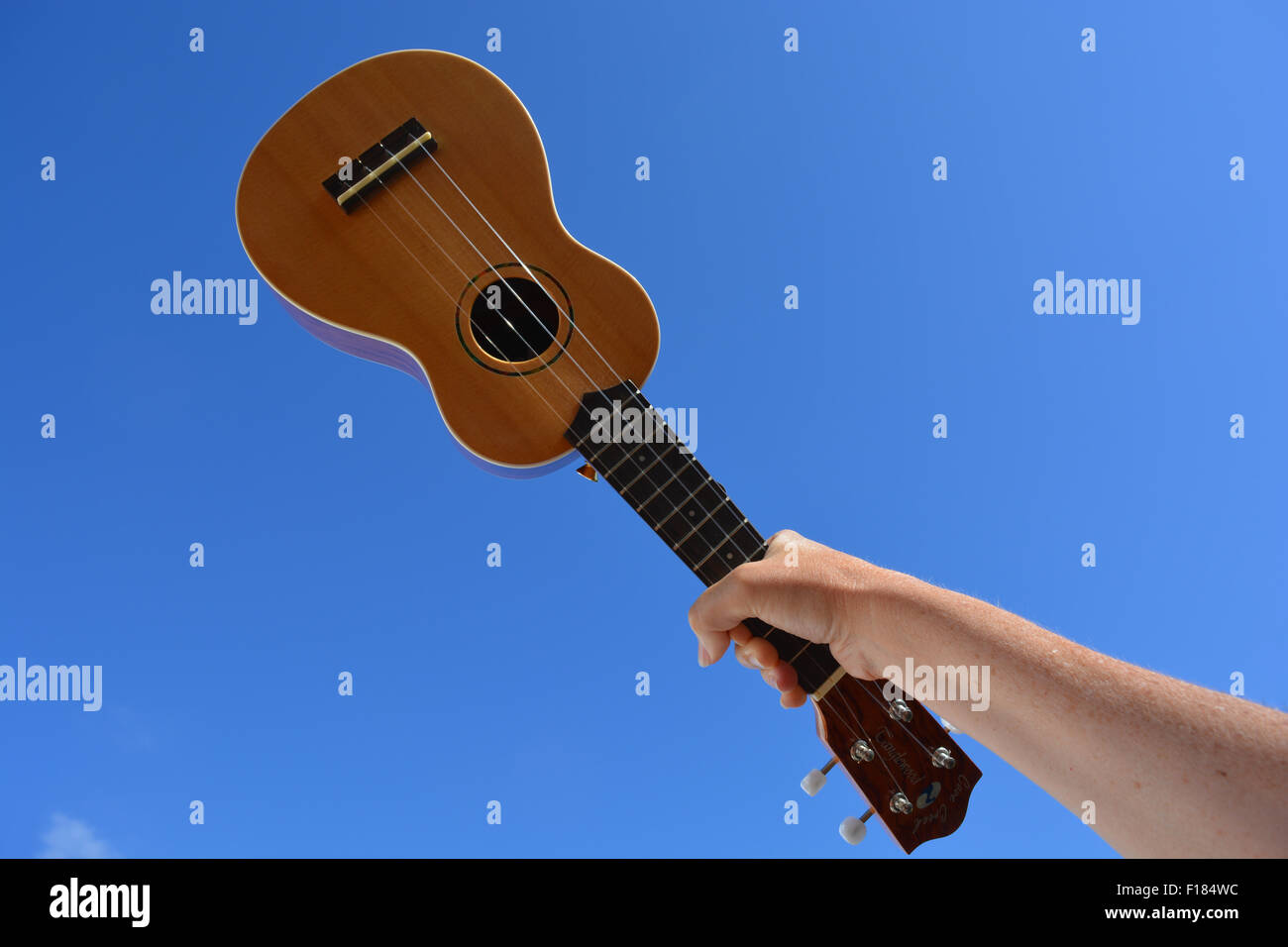 Tanglewood 'Cove Creek' soprano ukulele, Model TU2. held up against blue sky Stock Photo