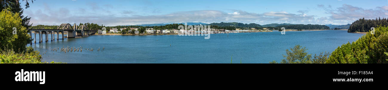 Panoramic view of Old Town Florence and the Siuslaw River on the central Oregon Coast. Stock Photo