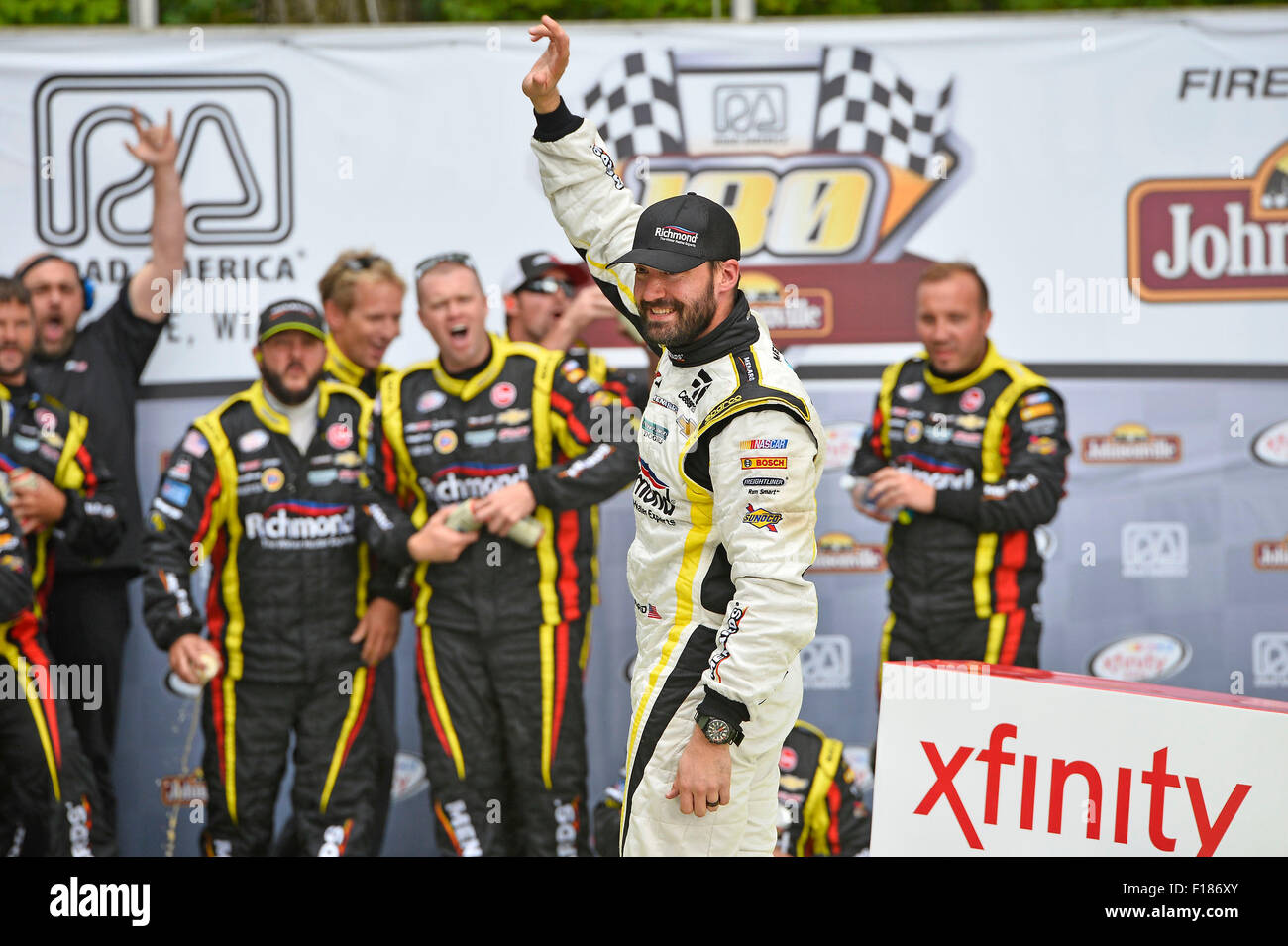 Elkhart Lake, WI, USA. 29th Aug, 2015. Elkhart Lake, WI - Aug 29, 2015: Paul Menard (33) celebrates in victory lane after winning the Road America 180 Fired up by Johnsonville in the Richmond/Menards Chevy at Road America in Elkhart Lake, WI. © csm/Alamy Live News Stock Photo