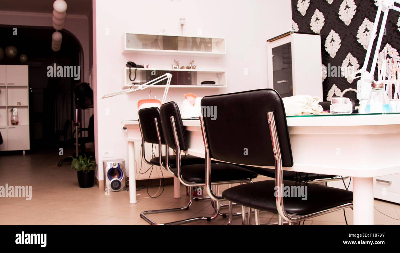 Beauty salon beautiful decorated and created to be colorful,cheerful,women only. Colors are black and pink. Stock Photo