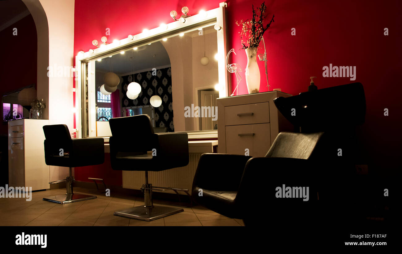 Beauty salon beautiful decorated and created to be colorful,cheerful,women only. Colors are black and pink. Stock Photo